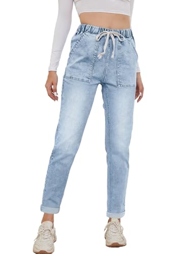 Alaster Queen Jeans Damen Straight Leg Stretch Denim Hosen mit Taschen High Waisted Jeans Damen Hellblau L