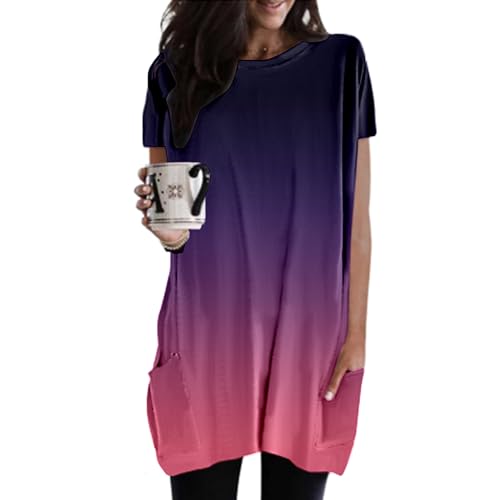 Longshirt Damen Oversized Sommer Tshirt Kurzarm Rundhals mit Tasche Lang Tunika T Shirt Longtops Einfarbig Elegant Longbluse Damen Lässige für Leggings Locker Pullover