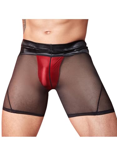 MSemis Mesh Boxershorts Für Männer Sexy Transparent Hipster Panty Boxershorts Erotik Unterhose Reizwäsche Shorts Schwarz Rot Einheitsgröße