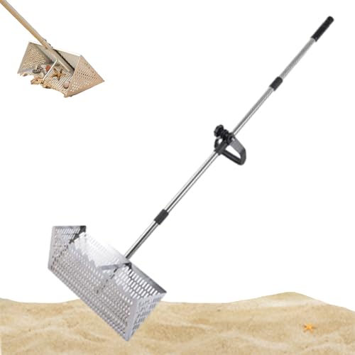 Generisch Sandflohharke Groß Edelstahl Strandsand Sieb mit 141cm Langem Griff und 40x18cm Korb, Faltbarer Sandflöhefänger für Reisen, Abnehmbarer Strand-Sandsieb