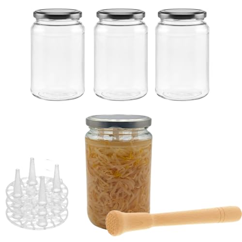 mikken Fermentieren Starter Set 4 Fermentiergläser 850 ml mit Fermentiergewicht, Stampfer und Etiketten