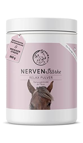 Annimally Nervenstärke - Pferde Relax Nerven Pulver 850g zur Beruhigung beim Pferd - Nervenkräuter mit Magnesium, Tryptophan, Baldrian, Passionsblume & Hanföl gegen Angst, Stress & für Transport