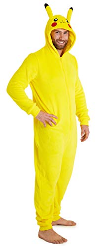 Pokemon Jumpsuit Herren, Pikachu Onesie Herren Halloween Kostüm, Fleece Onesie Damen und Overall Herren S-XXL, Jumpsuit Kuschelanzug Damen (Gelb, M)