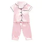 Sommer Seide Schlafanzug Set Kleinkind 2 Stück Kurzarm Lang Hosen Pyjama für Baby Lässig Revers Weich Satin Loungewear Mode Klassisch Nightwear Sets (Pink, 90)
