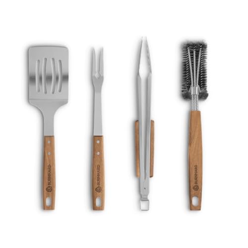 BURNHARD Grillbesteck-Set 4-TLG. 42 cm, Akazienholz Edelstahl, Grillzubehör mit Grillzange, Grillwender, Fleischgabel und Grillbürste mit extra-Langen Holzgriffen und Aufhänge-Ösen