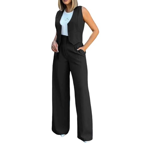 Hosenanzug Damen Business 2 Teiler Schwarz Blazer Weste Und Hose Jogger Anzug Set Sommer Outfits Zweiteiler Freizeitanzug Two Piece Jogginganzug Loungewear Casual Clothes