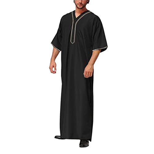 Qzeanxy scheich kostüm herren, Herren Kaftan V-Ausschnitt Langarm - Lang Thobe Herren Seite Split Baumwolle Universal Fit Gebetskleidung Für Männer Arabische Kleidung Ihram Kleidung Pfarrer Kostüm