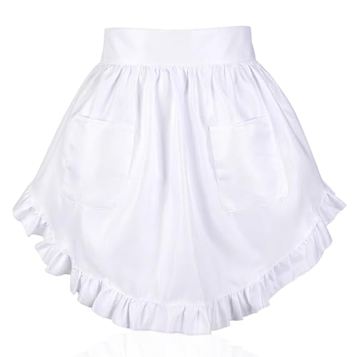 Tucnoeu 1PC Weiße Schürze mit Rüschen, Big Pocket Schürze Weiß für Damen, Schürze Weiß Rüschen, Cosplay Hausmädchen, Kellnerschürze für Küche Café Restaurant