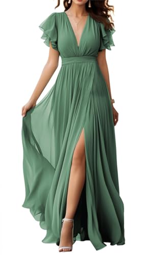 V-Ausschnitt Chiffon Brautjungfer Kleid mit Schlitz Flatterärmel Chiffon Plissee Formale Ballkleider für Frauen, Eukalyptus, 46