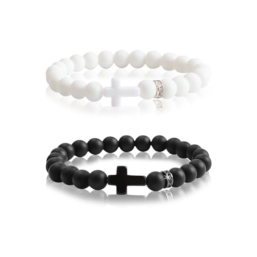 WANDIC 2 Stück Kreuz-Perlenarmband, Men’s Natural Stone Bracelet schwarz-weiß, elastisch, christliches Armband, verstellbares Jesus-Armband für Damen und Herren, Schmuckgeschenke