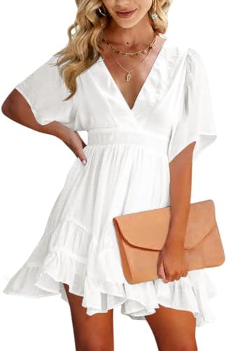 Imily Bela Damen Sommerkleid V Ausschnitt Kurzarm Freizeitkleider Rüschen Strandkleid A-Linie Einfarbig(Weiß,S)