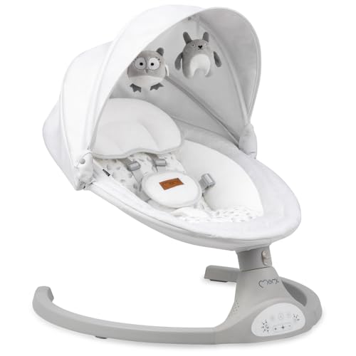 MoMi KENANI Babywippe für Kinder bis 9 kg, klappbar, mit Fernbedienung & Bluetooth zum Verbinden mit Smartphone, Batterie- oder Stromanschluss, mit 5-Punkt-Sicherheitsgurt, Sonnenschutz, Insektennetz