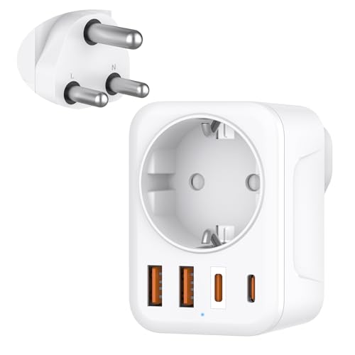 Denlane Adapter Südafrika, 5 in 1 Reiseadapter Südafrika mit 1 AC & 2 USB-C & 2 USB-A(3.4A), 3-Polig Stecker für Südafrika, Lesotho, Mosambik, Namibia, Swasiland, Simbabwe - Reisestecker Typ M
