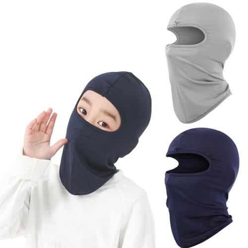 LEXICANMHS 2 Stücke Kinder Sturmhaube Sommer, Cool Balaclava Winddicht Gesichtsmaske,Cool Fahrradmütze unter Helm, Dünn Balaclava UV Sturmmask für Jungen Mädchen (Grau und Marineblau)