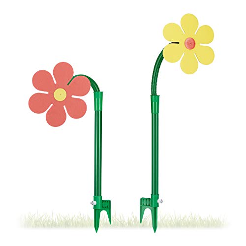 Relaxdays Sprinkler Blume, Kinder, 2er Set, Garten, 6 m Reichweite, 360°, Spritzblume, HxBxT: 105 x 28 x 28 cm, rot/gelb