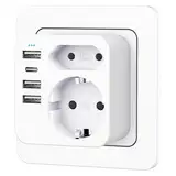Mehrfachsteckdose mit 4 USB Ports, Mehrfachstecker für Steckdose mit 2 Fach Stecker, Steckdosenadapter mit USB C Port, Doppelstecker für USBC Steckdose, Steckdosenleiste