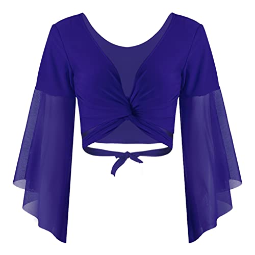 TiaoBug Damen Bauchtanz Kostüm Oberteil Langarm Spitzen Trompetenärmel Jäckchen Binden Top Knoten Shirts Bluse mit Münze Quasten Royal Blau D Einheitsgröße