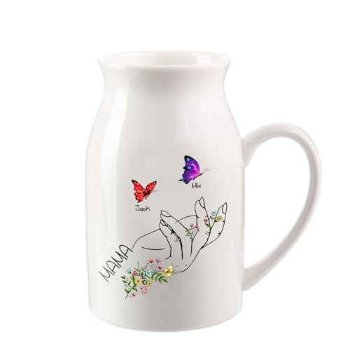 Wamantic Personalisierte Vase Muttertag - Benutzerdefinierte 1-8 Namen Keramik Vase Personalisierte Namen & Text Getrocknete Schmetterlings Vase für Home Decor Geschenke für Oma Mama(2-Namen)