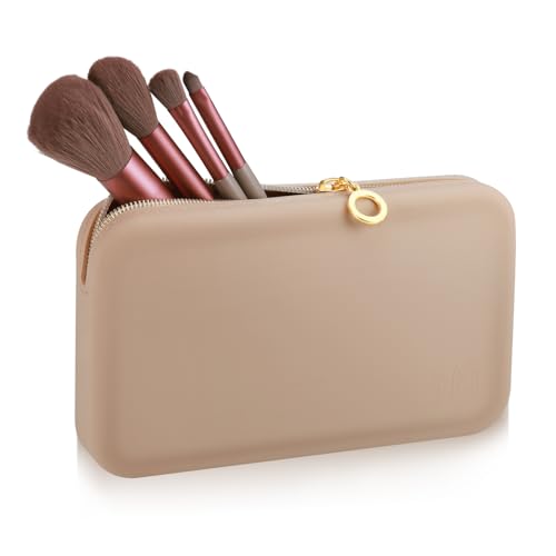 Zocipro Make Up Pinsel Tasche, Silikon Tasche Pinseltasche Tragbarer,Tragbarer Kosmetiktasche, Makeup Pinsel Organizer für Reisen, Große Schminktasche Kosmetiktasch Organizer (Khaki)