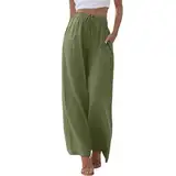 Leinenhose Damen Sommer Lang Lose Fit Sommerhose mit Tunnelzug Leicht Atmungsaktive Palazzo Hose Hohe Taille Weite Bein Freiziethose Einfarbig Leinen Hosen Strandhose Yogahose