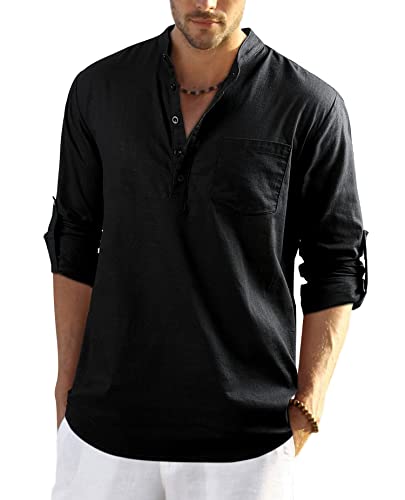 Enlision Schwarz Leinenhemd Herren Hemd Langarm Sommerhemd Herren Regular Fit Freizeithemd mit Brusttasche Henley Shirt L