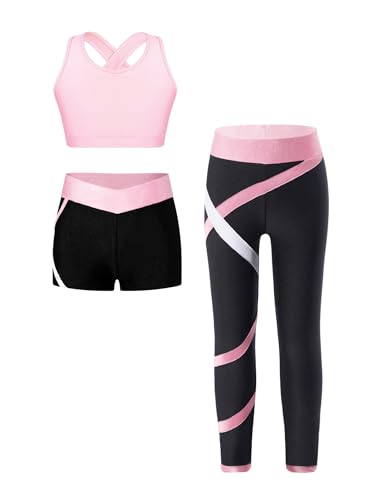 Kvysinly Kinder Mädchen Sportanzug Set Trainingsanzug Sport Outfit Jogginganzug Sportlich Weste Mit Shorts Leggings Sportbekleidung Yoga Workout Rosa 122-128