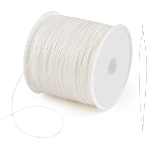 Gewachste Schnur, 0,5mm x 106m Gewachster Faden, Wachsschnur mit Perlennadel, Polyesterschnur Gewachstes Garn für Armbänder, Halsketten, Schmuckherstellung, DIY Basteln (Weiß)