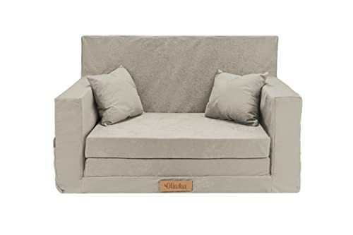 Flumi Personalisierte Kindercouch Kinder Sessel Sofa Schlafsofa jugendzimmer mit Gravur KINDERNAME Spielsofa für Kinderzimmer Schlafsessel Bettfunktion Kindermöbel 92x40x60 Mikrofaser (Hellgrau)