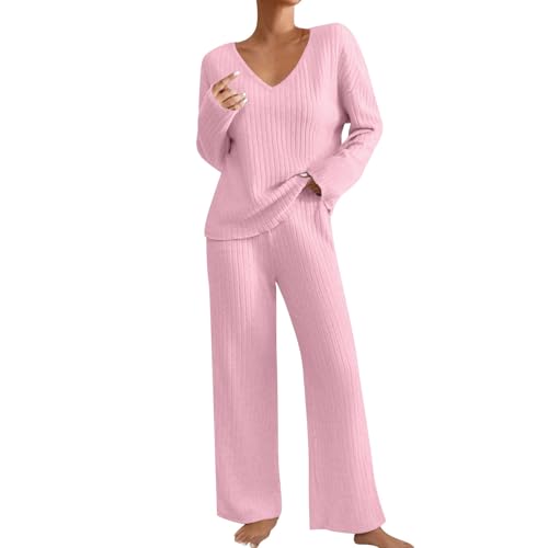 Warehouse Deal Retourenware Angebote Deals of The Day,Schlafanzug Damen Hausanzug Damen Winter Loungewear Damen Set Pyjama Damen Zweiteiler Damen Strickanzug Damen Lounge Set Damen(Rosa,XL)