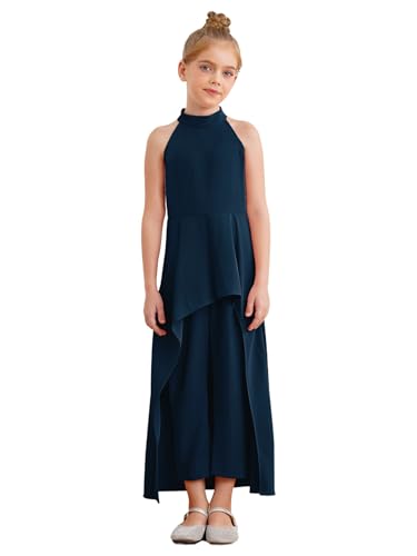 FEESHOW Mädchen Jumpsuit Festlich ärmelloser Overall Lang Mit High-Low-Rock Kinder Festlich Hochzei Partykleid Festkleid Marineblau 146-152