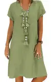 Sommerkleid Damen Leinen Kleider Casual V-Ausschnitt Midikleid Kurzarm A-Linie Kleid Strandkleid Ohne Zubehör (A Grün, XL)