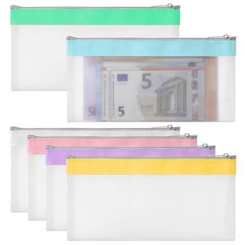 ZMDMAH 6 Stück Geldtaschen Banktasche Transparente Wasserdicht Durchscheinend Federmäppchen Beutel mit Reißverschluss Kosmetiktasche Aufbewahrung Bargeld für Business 19,3 x9,4 cm