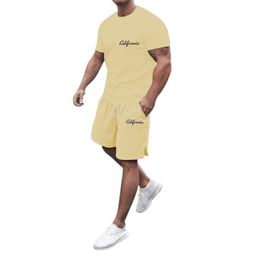 52 mit City-Print, T-Shirt Shorts, zweiteilig, geeignet für lässige Outdoor-Bekleidung Trainingsanzug Herren Set(Gelb,S)