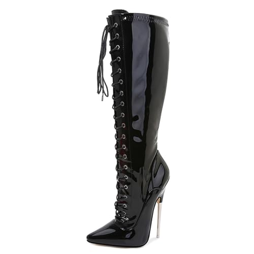 Sexy Ultra-High Heel Stiefel 18CM Stiletto Spitz Lackleder Elastische Overknee Stiefel Hohe Stiefel Pole Dance Boots,Schwarz,44 EU