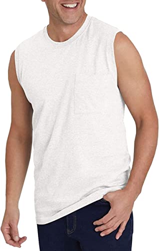 Tank Top Herren Ärmelloses Sommer Sport Gym Muskelshirts Workout Unterhemd Männer Funktionsshirt T Shirt Fitness Trägershirts Tee für Men mit Brusttasche Weiß L