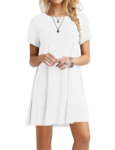 Zeagoo Damen T Shirt Kleid Weiß Rundhals Kurzarm Strandkleid mit Taschen Casual Knielang Sommerkleid Einfarbig Kurz Kleider M