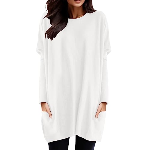 Damen Longshirt Langarm mit Tasche Oversized Tshirt Lang Longtops T-Shirt Langarmshirt Oberteile Einfarbig Rundhals Longbluse Lässig für Leggings Pullover T-Shirts Tunika Tops Sweatshirt