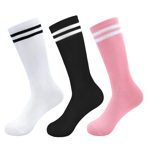 ZERULETS Mädchen Kniestrümpfe Knielang Socken Fußballsocken Kinder Streifen Schuleuniform Strümpfe Schwarz Weiß Rosa Sportsocken für Kleinkinder Mädchen und Jungen 8-12 Jahre