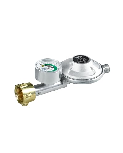 CFH Gasdruckregler Gasflasche mit Füllstandsanzeige DRF 428 - Gasdruckregler 50 mbar mit Manometer & Schlauchbruchsicherung, Eingang G.12 und Ausgang H.4 1/4", gemäß EN 16129, Durchfluss 1,5 kg/h
