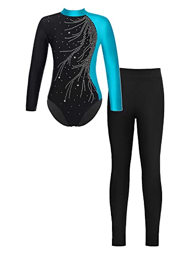 iEFiEL Mädchen Turnanzug Langarm Glitzer Gymnastik Kleidung Set Ballett Trikot Langarmbody mit lange Hose Kinder Gymnastikanzug Z Grün + Schwarz 134-140