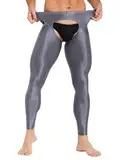 Aiihoo Herren Strumpfhosen Glänzende Ouvert Hose Pantyhose Tight Leggings Pants mit offenem Schritt Unterhosen Sexy Dessous Unterwäsche Grau Einheitsgröße