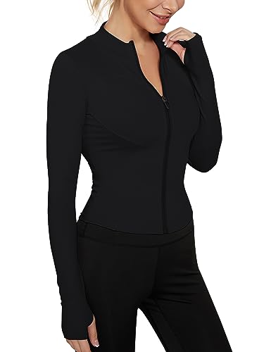 VEKTOL Langarmshirt Damen Gym Top Langarm Sport T Shirt Laufshirts Yoga Sportshirt Sportkleidung Frauen Fitness Workout Oberteil mit Daumenloch Schwarz S