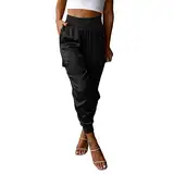 Satin-Hose mit elastischer Taille für Damen – hohe Taille, leger, Baggy-Jogginghose, einfarbig, weich, bequem, Damen-Sweathose mit Taschen, schmale Passform, Cargohose mit Bündchen am Knöchel, Schwarz