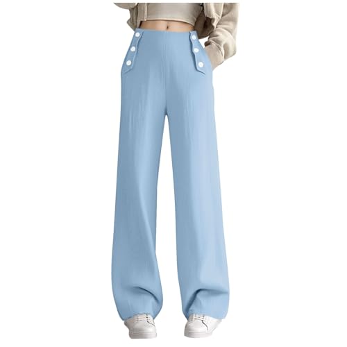 Generisch Mädchen Lang Leinen Hose Hohe Taille Freizeithose Leichte Palazzo Sommerhose Baumwolle Leinenhose mit Taschen Jogginghose Einfarbig Bequem Stoffhose Strand Reise Urlaub Outfits