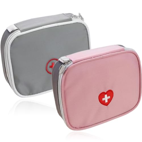 2 Stück erste hilfe tasche, Erste-Hilfe-Kit, Square Organizer, Mini Carry-On Medizin Tasche, für Haus, Auto, Reise, Büro, Sport, Wandern, Camping, Rettung (Rosa, Grau)