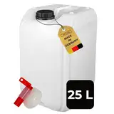 ABACUS® 25 Liter Wasserkanister Natur | Chemiekanister | Auslaufhahn und Deckel (DIN 61) | Lebensmittelecht | Indoor und Outdoor | BPA Frei | Säurefest | Mit Skala zum Ablesen des Füllstands