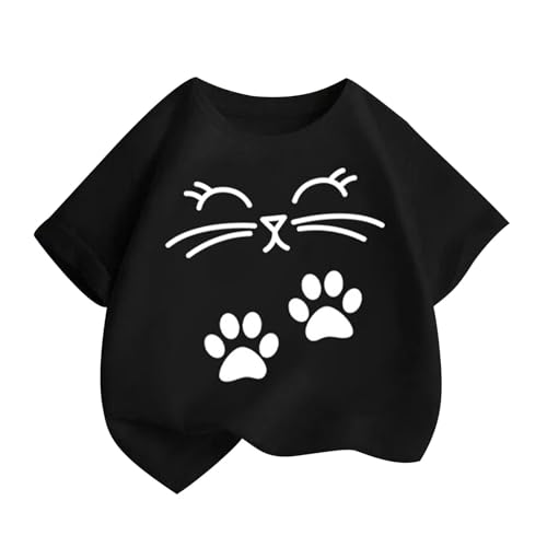 KODMNSW T-Shirt Mädchen T Shirt Kinder Tshirt Sommer Tops Baumwolle Kurzarm Oberteile Katze Druck Kurzärmelige Sport Top Klamotten Teenager 2-14 Jahre Alt Angebote Schwarz 8-10 Jahre