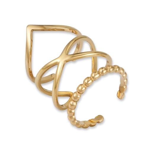 GD GOOD.designs Ringe Set Gold für Damen aus Edelstahl - Verstellbar und wasserfest - 3-teilige vergoldete Stapelringe | Inkl. Geschenkbox