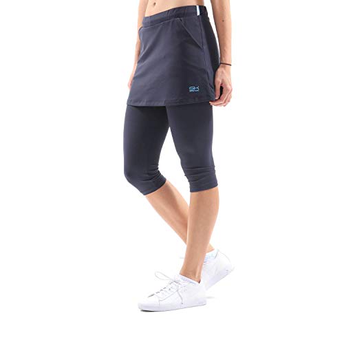 Sportkind Mädchen & Damen 2-in-1 Tennisrock mit Taschen & 3/4 Capri Leggings, Laufrock, Yogahose mit Rock, Sport Skapri, navy blau, Gr. L