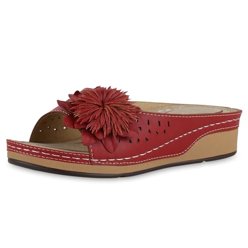 VAN HILL Damen Pantoletten Keilabsatz Blumen Bequem Schuhe 214792 Rot 38